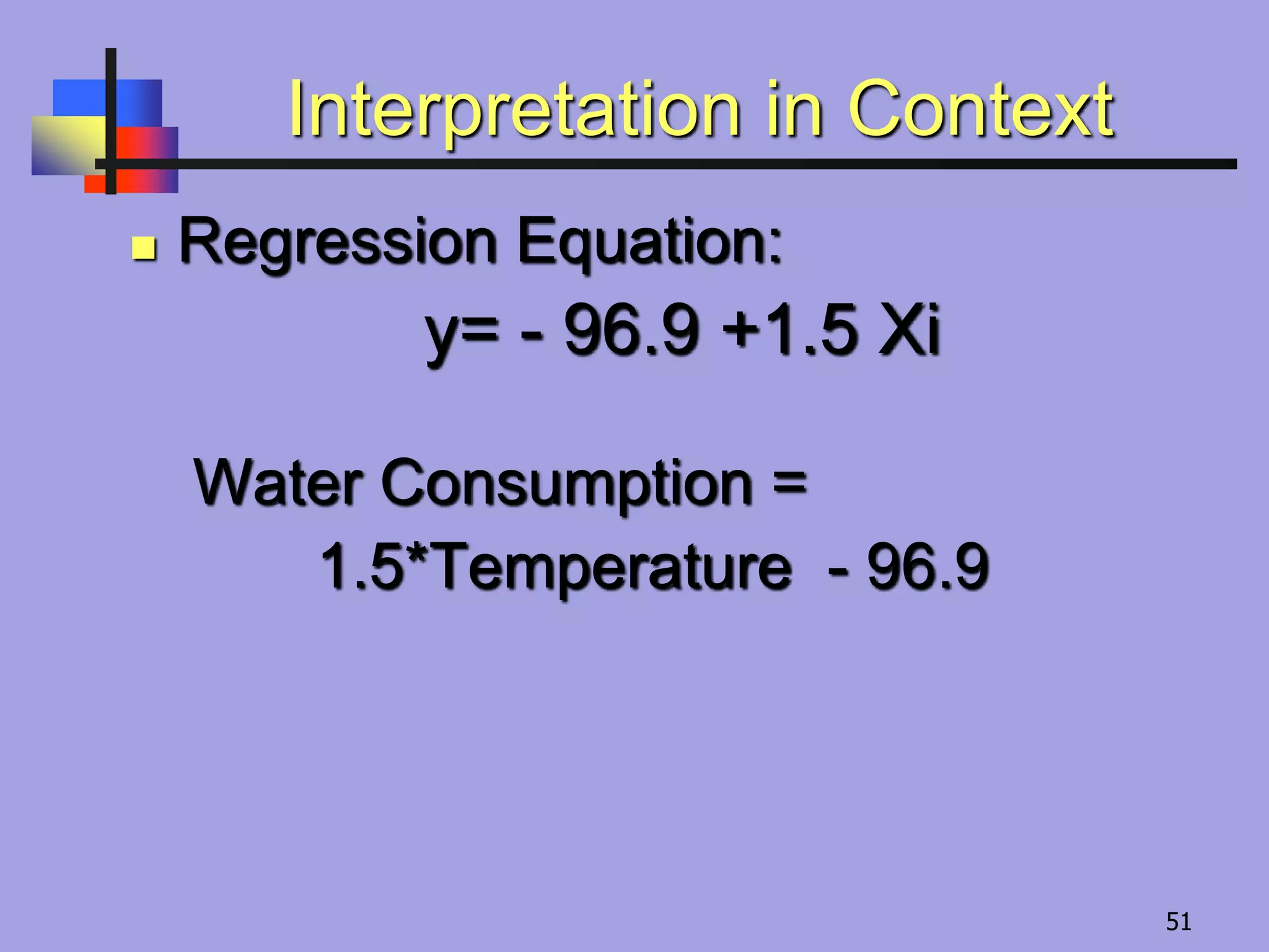 Interpretation in Context
 Regression Equation:
y= - 96.9 +1.5 Xi
Water Consumption =
1.5*Temperature - 96.9
51
 