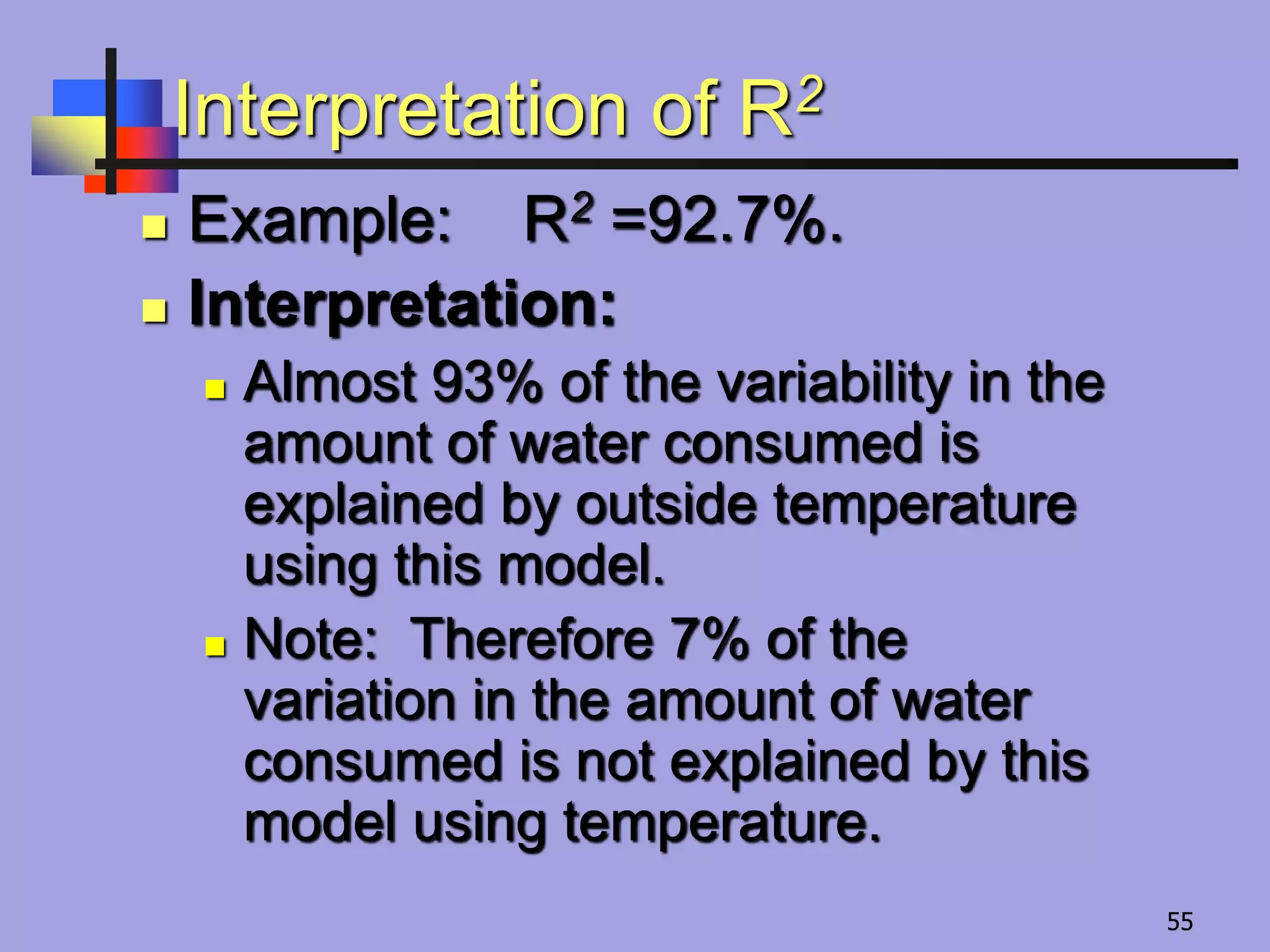 Interpretation of R2
 Example: R2 =92.7%.
 Interpretation:
 Almost 93% of the variability in the
amount of water consumed is
explained by outside temperature
using this model.
 Note: Therefore 7% of the
variation in the amount of water
consumed is not explained by this
model using temperature.
55
 