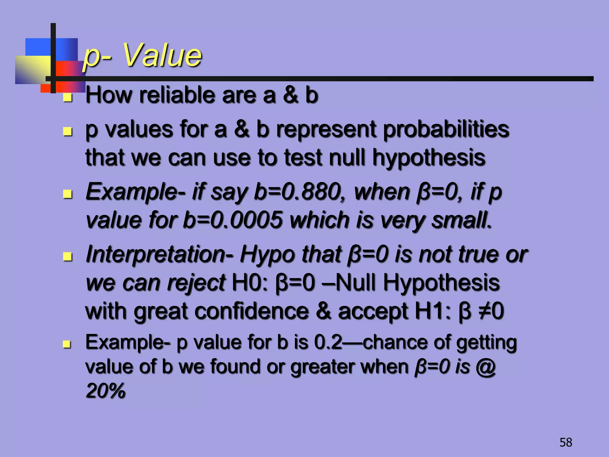 p- Value
 How reliable are a & b
 p values for a & b represent probabilities
that we can use to test null hypothesis
 Example- if say b=0.880, when β=0, if p
value for b=0.0005 which is very small.
 Interpretation- Hypo that β=0 is not true or
we can reject H0: β=0 –Null Hypothesis
with great confidence & accept H1: β ≠0
 Example- p value for b is 0.2—chance of getting
value of b we found or greater when β=0 is @
20%
58
 