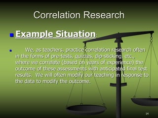 Correlation Research
 Example Situation:
 We, as teachers, practice correlation research often
in the forms of pre-tests, quizzes, dip-sticking, etc.,
where we correlate (based on years of experience) the
outcome of these assessments with anticipated final test
results. We will often modify our teaching in response to
the data to modify the outcome.
14
 