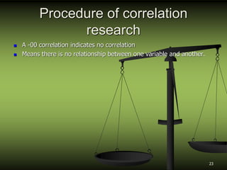 Procedure of correlation
research
 A -00 correlation indicates no correlation
 Means there is no relationship between one variable and another.
23
 