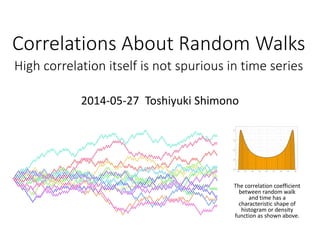 Correlations About Random Walks
A (single) corr. coef. > .8 or .9 unnecessary means
high degree of relationship in time series
2014-06-06 Toshiyuki Shimono
The correlation coefficient
between two independt
random walks has a
characteristic shape of
histogram or density
function as shown above.
A random walk is defined as its each increment at each
time step is +1 or -1 with each probability 50%.
 