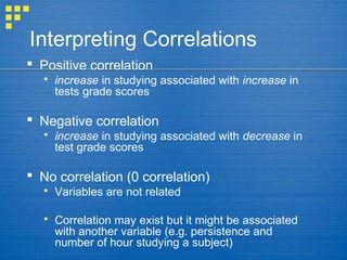 Interpreting Correlations
 Positive correlation
 increase in studying associated with increase in
tests grade scores
 Negative correlation
 increase in studying associated with decrease in
test grade scores
 No correlation (0 correlation)
 Variables are not related
 Correlation may exist but it might be associated
with another variable (e.g. persistence and
number of hour studying a subject)
 