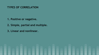 TYPES OF CORRELATION
1. Positive or negative.
2. Simple, partial and multiple.
3. Linear and nonlinear.
 