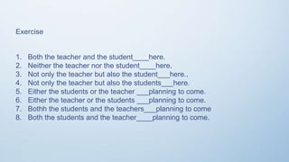 1. Both the teacher and the student____here.
2. Neither the teacher nor the student____here.
3. Not only the teacher but also the student___here..
4. Not only the teacher but also the students___here.
5. Either the students or the teacher ___planning to come.
6. Either the teacher or the students ___planning to come.
7. Bothh the students and the teachers___planning to come
8. Both the students and the teacher____planning to come.
Exercise
 