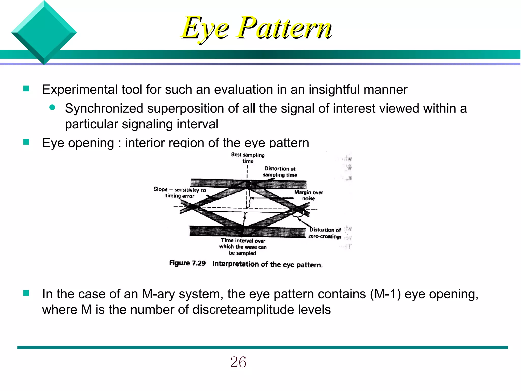 Eye Pattern
   Experimental tool for such an evaluation in an insightful manner
      Synchronized superposition of all the signal of interest viewed within a
       particular signaling interval
   Eye opening : interior region of the eye pattern




   In the case of an M-ary system, the eye pattern contains (M-1) eye opening,
    where M is the number of discreteamplitude levels



                                     26
 