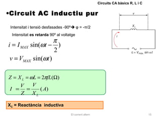 Circuits CA bàsics R, L i C


•Circuit AC inductiu pur

 Intensitat i tensió desfasades -90º φ = -π/2
 Intensitat es retarda 90º al voltatge
                   π
i = I MAX sin(ωt − )
                   2
 v = VMAX sin(ωt )

Z = X L = ωL = 2πfL(Ω)
     V     V
I = =         ( A)
     Z XL

XC = Reactància inductiva

                                   El corrent altern                                 15
 