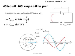 Circuits CA bàsics R, L i C


•Circuit AC capacitiu pur

 Intensitat i tensió desfasades 90º φ = π/2

                  π
i = I MAX sin(ωt + )
                  2
v = VMAX sin(ωt )




                                 El corrent altern                                 16
 