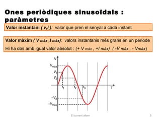 Ones periòdiques sinusoïdals :
paràmetres
Valor instantani ( v,i ): valor que pren el senyal a cada instant

Valor màxim ( V màx ,I màx): valors instantanis més grans en un periode
Hi ha dos amb igual valor absolut : (+ V màx , +I màx) ( -V màx , - Vmàx)




                                 El corrent altern                          5
 