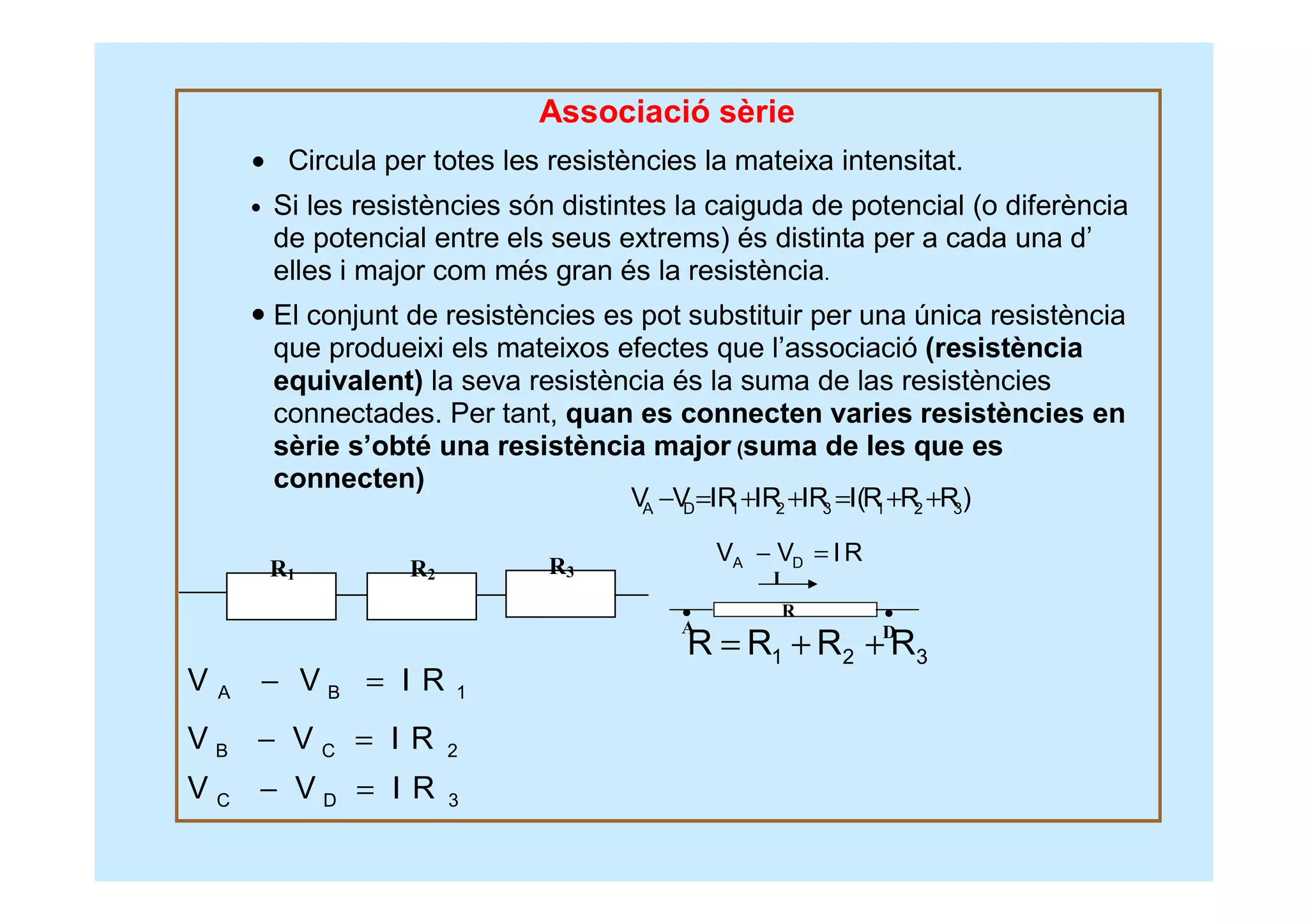 Associació sèrie
• Circula per totes les resistències la mateixa intensitat.
Si les resistències són distintes la caiguda de potencial (o diferència
de potencial entre els seus extrems) és distinta per a cada una d’
elles i major com més gran és la resistència.
El conjunt de resistències es pot substituir per una única resistència
que produeixi els mateixos efectes que l’associació (resistència
equivalent) la seva resistència és la suma de las resistències
connectades. Per tant, quan es connecten varies resistències en
sèrie s’obté una resistència major (suma de les que es
connecten)
R1 R2 R3
A B 1V V I R− =
B C 2V V I R− =
C D 3V V I R− =
A D 1 2 3 1 2 3V V IR IR IR I(R R R)− = + + = + +
I
R
DA
A DV V I R− =
1 2 3R R R R= + +
 
