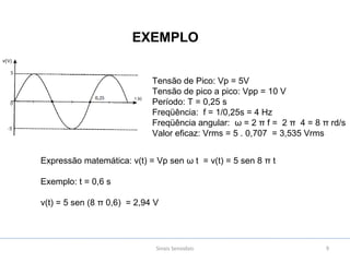 Sinais Senoidais 9
EXEMPLO
Tensão de Pico: Vp = 5V
Tensão de pico a pico: Vpp = 10 V
Período: T = 0,25 s
Freqüência: f = 1/0,25s = 4 Hz
Freqüência angular: ω = 2 π f = 2 π 4 = 8 π rd/s
Valor eficaz: Vrms = 5 . 0,707 = 3,535 Vrms
Expressão matemática: v(t) = Vp sen ω t = v(t) = 5 sen 8 π t
Exemplo: t = 0,6 s
v(t) = 5 sen (8 π 0,6) = 2,94 V
 