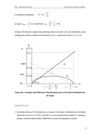 PEA - Eletrotécnica Geral                                       Circuitos de Corrente Contínua


                                        E2
e a potência do gerador:      Pt = EI =
                                        2r


                   1                       P   1
ou seja Pumax =      Pt e o rendimento ηG = u = = 50%
                   2                        Pt 2


A figura 20 ilustra os valores das potências total e útil, bem como do rendimento, para
variação da corrente Ι desde circuito aberto (Ι=0, R=∞) até curto-circuito (Ι=E/r, R=0).




                   Pt
         η         Pu

                 E2/r



        100%                                                    Pt
                 E2/2r

       50%
                 E2/4r                                               Pu


       Ox                   R→∞
                  I=0                        E    Icc                     E
                                      I =       =                 I =       = Icc
                                             2r    2                      r
Figura 20 - Variação das Potências e Rendimentos com a Corrente (e Resistência)
                                         da Carga




EXERCÍCIOS

1. O circuito da figura 21 é formado por um bipolo L não linear, alimentado por um bipolo
   linear ativo com f.e.m. E=19v e r=6,75Ω. A curva característica do bipolo L é dada por
   pontos, conforme tabela abaixo. Determine o ponto de operação do circuito.




                                                                                                 32
 