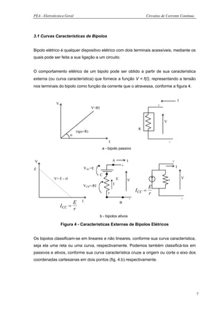 PEA - Eletrotécnica Geral                                                      Circuitos de Corrente Contínua




3.1 Curvas Características de Bipolos


Bipolo elétrico é qualquer dispositivo elétrico com dois terminais acessíveis, mediante os
quais pode ser feita a sua ligação a um circuito.


O comportamento elétrico de um bipolo pode ser obtido a partir de sua característica
externa (ou curva característica) que fornece a função V = f(I), representando a tensão
nos terminais do bipolo como função da corrente que o atravessa, conforme a figura 4.


                                                                                                          I
              V                                                                       +
                                      V=RI


                                                                                          V
                                                                           R
                            (tgα=R)
                        α
                                                  I                                           -
                                              a - bipolo passivo


V                                                     A           I                               +
                                                              +                                       I
E                                  VAC=E
                                             C
            V= E - rI                                     E                                                   V
                                                                  V                           r
                                VCB=-RI               I
                                                                                  E
                                                                          ICC =
                                                  r                               r
                                                                      -                                       -
                        E      I                              B
                  ICC =
                        r
                                             b - bipolos ativos

                  Figura 4 - Características Externas de Bipolos Elétricos


Os bipolos classificam-se em lineares e não lineares, conforme sua curva característica,
seja ela uma reta ou uma curva, respectivamente. Podemos também classificá-los em
passivos e ativos, conforme sua curva característica cruze a origem ou corte o eixo dos
coordenadas cartesianas em dois pontos (fig. 4.b) respectivamente.




                                                                                                                  7
 