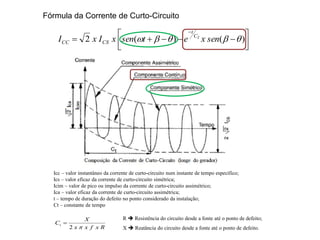 Fórmula da Corrente de Curto-Circuito
Rxfxx
X
Ct
2 

R  Resistência do circuito desde a fonte até o ponto de defeito;
X  Reatância do circuito desde a fonte até o ponto de defeito.
Icc – valor instantâneo da corrente de curto-circuito num instante de tempo específico;
Ics – valor eficaz da corrente de curto-circuito simétrica;
Icim – valor de pico ou impulso da corrente de curto-circuito assimétrico;
Ica – valor eficaz da corrente de curto-circuito assimétrica;
t – tempo de duração do defeito no ponto considerado da instalação;
Ct – constante de tempo






)()(2  senxetsenxIxI TC
t
CSCC
 