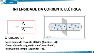 INTENSIDADE DA CORRENTE ELÉTRICA
∆
=
∆
 UNIDADE (SI):
Intensidade de corrente elétrica (Ampère – A);
Quantidade de carga elétrica (Coulomb – C);
Intervalo de tempo (Segundos – s).
6
 