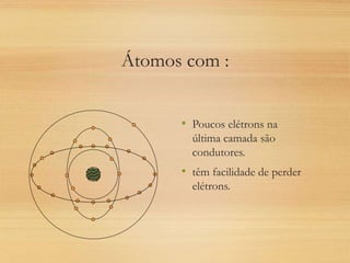 Átomos com :
• Poucos elétrons na
última camada são
condutores.
• têm facilidade de perder
elétrons.
 