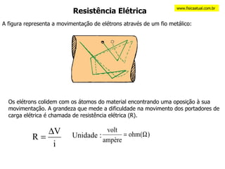 Resistência Elétrica A figura representa a movimentação de elétrons através de um fio metálico: Os elétrons colidem com os átomos do material encontrando uma oposição à sua movimentação. A grandeza que mede a dificuldade na movimento dos portadores de carga elétrica é chamada de resistência elétrica (R). www.fisicaatual.com.br Unidade :  