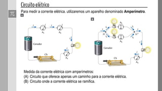 Para medir a corrente elétrica, utilizaremos um aparelho denominado Amperímetro.
Medida da corrente elétrica com amperímetros:
(A) Circuito que oferece apenas um caminho para a corrente elétrica.
(B) Circuito onde a corrente elétrica se ramifica.
 