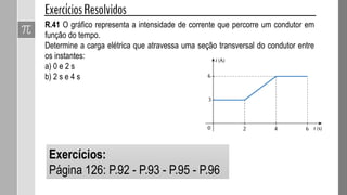 R.41 O gráfico representa a intensidade de corrente que percorre um condutor em
função do tempo.
Determine a carga elétrica que atravessa uma seção transversal do condutor entre
os instantes:
a) 0 e 2 s
b) 2 s e 4 s
Exercícios:
Página 126: P.92 - P.93 - P.95 - P.96
 