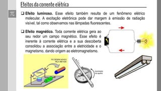  Efeito luminoso. Esse efeito também resulta de um fenômeno elétrico
molecular. A excitação eletrônica pode dar margem à emissão de radiação
visível, tal como observamos nas lâmpadas fluorescentes.
 Efeito magnético. Toda corrente elétrica gera ao
seu redor um campo magnético. Esse efeito é
inerente à corrente elétrica e a sua descoberta
consolidou a associação entre a eletricidade e o
magnetismo, dando origem ao eletromagnetismo.
 