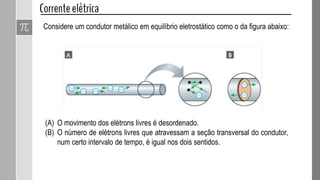 Considere um condutor metálico em equilíbrio eletrostático como o da figura abaixo:
(A) O movimento dos elétrons livres é desordenado.
(B) O número de elétrons livres que atravessam a seção transversal do condutor,
num certo intervalo de tempo, é igual nos dois sentidos.
 