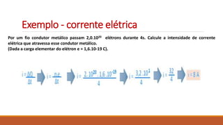 Exemplo - corrente elétrica
Por um fio condutor metálico passam 2,0.1020 elétrons durante 4s. Calcule a intensidade de corrente
elétrica que atravessa esse condutor metálico.
(Dada a carga elementar do elétron e = 1,6.10-19 C).
 