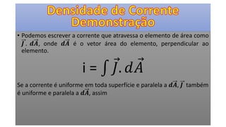 • Podemos escrever a corrente que atravessa o elemento de área como
𝑱 . 𝒅𝑨, onde 𝒅𝑨 é o vetor área do elemento, perpendicular ao
elemento.
i = 𝐽. 𝑑 𝐴
Se a corrente é uniforme em toda superfície e paralela a 𝒅𝑨, 𝑱 também
é uniforme e paralela a 𝒅𝑨, assim
 