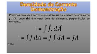• Podemos escrever a corrente que atravessa o elemento de área como
𝑱 . 𝒅𝑨, onde 𝒅𝑨 é o vetor área do elemento, perpendicular ao
elemento.
i = 𝐽. 𝑑 𝐴
i = 𝐽 𝑑𝐴 = 𝐽 𝑑𝐴 = 𝐽𝐴
Então,
 