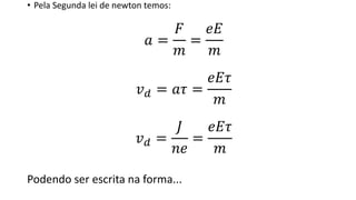 • Pela Segunda lei de newton temos:
𝑎 =
𝐹
𝑚
=
𝑒𝐸
𝑚
𝑣 𝑑 = 𝑎𝜏 =
𝑒𝐸𝜏
𝑚
𝑣 𝑑 =
𝐽
𝑛𝑒
=
𝑒𝐸𝜏
𝑚
Podendo ser escrita na forma...
 