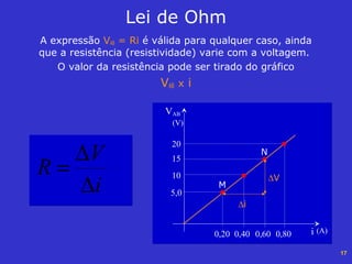 17
A expressão VAB = Ri é válida para qualquer caso, ainda
que a resistência (resistividade) varie com a voltagem.
O valor da resistência pode ser tirado do gráfico
VAB x i
Lei de Ohm
i
V
R
∆
∆
=
VAB
i
20
15
10
5,0
0,20 0,800,40 0,60
M
N
(V)
(A)
∆V
∆i
 