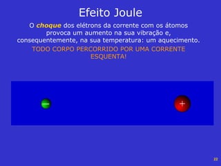 22
Efeito Joule
O choque dos elétrons da corrente com os átomos
provoca um aumento na sua vibração e,
consequentemente, na sua temperatura: um aquecimento.
TODO CORPO PERCORRIDO POR UMA CORRENTE
ESQUENTA!
 