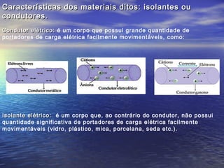 Características dos materiais ditos: isolantes ou
condutores.
Condutor elétrico: é um corpo que possui grande quantidade de
portadores de carga elétrica facilmente movimentáveis, como:




Isolante elétrico: é um corpo que, ao contrário do condutor, não possui
quantidade significativa de portadores de carga elétrica facilmente
movimentáveis (vidro, plástico, mica, porcelana, seda etc.).
 