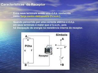 Características do Receptor

       Entre seus terminais existe uma d.d.p. conhecida
       como força contra eletromotriz (f.c.e.m.).

       Quando percorrido por uma corrente elétrica a d.d.p.
       em seus terminais é maior que a f.c.e.m., pois
       há dissipação de energia na resistência interna do receptor.
 