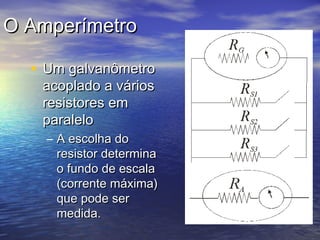 O Amperímetro

  • Um galvanômetro
   acoplado a vários
   resistores em
   paralelo
    – A escolha do
      resistor determina
      o fundo de escala
      (corrente máxima)
      que pode ser
      medida.
 
