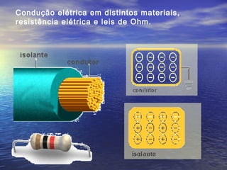 Condução elétrica em distintos materiais,
resistência elétrica e leis de Ohm.
 
