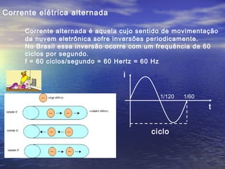 Corrente elétrica alternada
Corrente alternada é aquela cujo sentido de movimentação
da nuvem eletrônica sofre inversões periodicamente.
No Brasil essa inversão ocorre com um frequência de 60
ciclos por segundo.
f = 60 ciclos/segundo = 60 Hertz = 60 Hz
1/120 1/60
i
t
ciclo
 