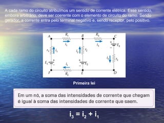 A cada ramo do circuito atribuímos um sentido de corrente elétrica. Esse sentido,
embora arbitrário, deve ser coerente com o elemento de circuito do ramo. Sendo
gerador, a corrente entra pelo terminal negativo e, sendo receptor, pelo positivo.
Primeira lei
i3 = i2 + i1
 
