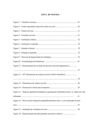 LISTA DE FIGURAS



Figura 1 – Vértebras cervicais....................................................................................... 19

Figura 2 – Visão esquemática lateral da coluna cervical.............................................. 20

Figura 3 – Flexão cervical............................................................................................. 21

Figura 4 – Extensão cervical......................................................................................... 21

Figura 5 – Inclinação à direita....................................................................................... 22

Figura 6 – Inclinação à esquerda................................................................................... 22

Figura 7 – Rotação à direita.......................................................................................... 22

Figura 8 – Rotação à esquerda...................................................................................... 22

Figura 9 – Processo de degeneração da cartilagem....................................................... 25

Figura10 – Fisiopatologia da Osteartrose..................................................................... 26

Figura 11 – Demonstração da evolução do processo articular degenerativo................

....................................................................................................................................... 27

Figura 12 – AP: Osteoartrose de coluna cervical e Perfil: Osteofitose.........................

....................................................................................................................................... 30

Figura 13 – Osteoartrose de coluna cervical................................................................. 30

Figura 14 – Sistema de Controle das Comportas.......................................................... 39

Figura 15 – Onda de amplitude modulada (c) gerada pela interferência entre as ondas (a) e (b),

defasadas................................................................................................................            41

Figura 16 – Dois circuitos dispostos perpendicularmente entre si, com interseção na área-

alvo............................................................................................................................... 43

Figura 17 – Instalação da varredura em vetor.............................................................. 44

Figura 18 – Representação da onda quadrada, processos crônicos.............................
 