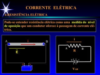 CORRENTE  ELÉTRICA  4-RESISTÊNCIA ELÉTRICA Pode-se entender resistência elétrica como uma  medida do  nível de oposição  que um condutor oferece à passagem de corrente elé- trica. + - E i A B A B + - i R V AB 
