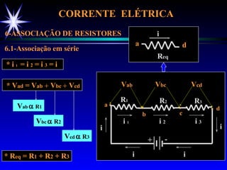 CORRENTE  ELÉTRICA  6-ASSOCIAÇÃO DE RESISTORES 6.1-Associação em série  * i  1  = i  2  = i  3  = i  * V ad  = V ab     V bc    V cd * R eq  = R 1  + R 2  + R 3 + - R 1 R 2 R 3 a d b c i i i  1 i  2 i  3 i i V ab V bc V cd V ab      R 1 V bc      R 2 V cd      R 3 R eq a d i 