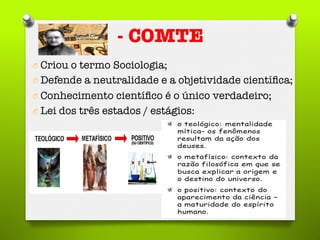 - COMTE
O  Criou o termo Sociologia;
O  Defende a neutralidade e a objetividade cientíﬁca; 
O  Conhecimento cientíﬁco é o único verdadeiro;
O  Lei dos três estados / estágios:
 