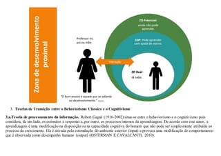 3. Teorias de Transição entre o Behaviorismo Clássico e o Cognitivismo
3.a.Teoria de processamento da informação. Robert Gagné (1916-2002) situa-se entre o behaviorismo e o cognitivismo pois
considera, de um lado, os estímulos e respostas e, por outro, os processos internos da aprendizagem. De acordo com este autor, a
aprendizagem é uma modificação na disposição ou na capacidade cognitiva do homem que não pode ser simplesmente atribuída ao
processo de crescimento. Ela é ativada pela estimulação do ambiente exterior (input) e provoca uma modificação do comportamento
que é observada como desempenho humano (output) (OSTERMAN E CAVALCANTI, 2010).
 