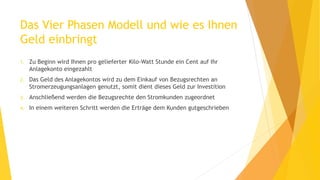 Das Vier Phasen Modell und wie es Ihnen
Geld einbringt
1. Zu Beginn wird Ihnen pro gelieferter Kilo-Watt Stunde ein Cent auf Ihr
Anlagekonto eingezahlt
2. Das Geld des Anlagekontos wird zu dem Einkauf von Bezugsrechten an
Stromerzeugungsanlagen genutzt, somit dient dieses Geld zur Investition
3. Anschließend werden die Bezugsrechte den Stromkunden zugeordnet
4. In einem weiteren Schritt werden die Erträge dem Kunden gutgeschrieben
 