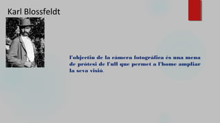 Karl Blossfeldt
l'objectiu de la càmera fotogràfica és una mena
de pròtesi de l'ull que permet a l'home ampliar
la seva visió.
 