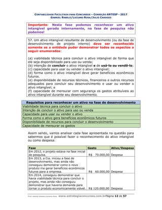 CONTABILIDADE FACILITADA PARA CONCURSOS – CORREÇÃO ARTESP - 2017
GABRIEL RABELO/LUCIANO ROSA/JULIO CARDOZO
Prof. Gabriel Rabelo/Luciano Rosa www.estrategiaconcursos.com.brPágina 12 de 57
Importante: Nesta fase podemos reconhecer um ativo
intangível gerado internamente, na fase de pesquisa não
podemos!
57. Um ativo intangível resultante de desenvolvimento (ou da fase de
desenvolvimento de projeto interno) deve ser reconhecido
somente se a entidade puder demonstrar todos os aspectos a
seguir enumerados:
(a) viabilidade técnica para concluir o ativo intangível de forma que
ele seja disponibilizado para uso ou venda;
(b) intenção de concluir o ativo intangível e de usá-lo ou vendê-lo;
(c) capacidade para usar ou vender o ativo intangível;
(d) forma como o ativo intangível deve gerar benefícios econômicos
futuros.
(e) disponibilidade de recursos técnicos, financeiros e outros recursos
adequados para concluir seu desenvolvimento e usar ou vender o
ativo intangível; e
(f) capacidade de mensurar com segurança os gastos atribuíveis ao
ativo intangível durante seu desenvolvimento.
Requisitos para reconhecer um ativo na fase de desenvolvimento
Viabilidade técnica para concluir o ativo
Intenção de concluir o ativo para uso ou venda
Capacidade para usar ou vender o ativo
Forma como o ativo gera benefícios econômicos futuros
Disponibilidade de recursos para concluir o desenvolvimento
Capacidade de mensurar os gastos
Assim sendo, vamos analisar cada fase apresentada na questão para
sabermos que é possível fazer o reconhecimento do ativo intangível
ou como despesa:
Fase Gasto Ativo/Despesa
Em 2012, o projeto estava na fase inicial
de pesquisa. R$ 70.000,00 Despesa
Em 2013, a Cia. iniciou a fase de
desenvolvimento, mas ainda não
conseguiu demonstrar como o novo
produto iria gerar benefícios econômicos
futuros para a empresa. R$ 60.000,00 Despesa
Em 2014, conseguiu demonstrar que
havia viabilidade técnica para concluir o
projeto, mas ainda não conseguiu
demonstrar que haveria demanda para
tornar o produto economicamente viável. R$ 120.000,00 Despesa
 