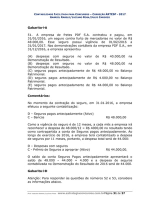 CONTABILIDADE FACILITADA PARA CONCURSOS – CORREÇÃO ARTESP - 2017
GABRIEL RABELO/LUCIANO ROSA/JULIO CARDOZO
Prof. Gabriel Rabelo/Luciano Rosa www.estrategiaconcursos.com.brPágina 31 de 57
GabaritoA
51. A empresa de fretes PDF S.A. contratou e pagou, em
31/01/2016, um seguro contra furto de mercadorias no valor de R$
48.000,00. Esse seguro possui vigência de 01/02/2016 a
31/01/2017. Nas demonstrações contábeis da empresa PDF S.A., em
31/12/2016, a empresa apresentou
(A) despesas com seguros no valor de R$ 40.000,00 na
Demonstração de Resultado.
(B) despesas com seguros no valor de R$ 48.000,00 na
Demonstração de Resultado.
(C) seguros pagos antecipadamente de R$ 48.000,00 no Balanço
Patrimonial.
(D) seguros pagos antecipadamente de R$ 4.000,00 no Balanço
Patrimonial.
(E) seguros pagos antecipadamente de R$ 44.000,00 no Balanço
Patrimonial.
Comentários:
No momento da contração do seguro, em 31.01.2016, a empresa
efetuou a seguinte contabilização:
D – Seguros pagos antecipadamente (Ativo)
C – Bancos R$ 48.000,00
Como a vigência do seguro é de 12 meses, a cada mês a empresa irá
reconhecer a despesa de 48.000/12 = R$ 4000,00 no resultado tendo
como contrapartida a conta de Seguros pagos antecipadamente. Ao
longo de exercício de 2016, a empresa terá contabilizado a despesa
de seguros por 11 meses, portanto, a despesa total será de 44.000:
D – Despesas com seguros
C - Prêmio de Seguros a apropriar (Ativo) R$ 44.000,00.
O saldo da conta Seguros Pagos antecipadamente apresentará o
saldo de 48.000 – 44.000 = 4.000 e a despesa de seguros
contabilizada na Demonstração do Resultado de 2016 será de 44.000.
GabaritoD
Atenção: Para responder às questões de números 52 e 53, considere
as informações abaixo.
 