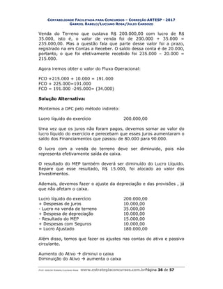 CONTABILIDADE FACILITADA PARA CONCURSOS – CORREÇÃO ARTESP - 2017
GABRIEL RABELO/LUCIANO ROSA/JULIO CARDOZO
Prof. Gabriel Rabelo/Luciano Rosa www.estrategiaconcursos.com.brPágina 36 de 57
Venda do Terreno que custava R$ 200.000,00 com lucro de R$
35.000, isto é, o valor de venda foi de 200.000 + 35.000 =
235.000,00. Mas a questão fala que parte desse valor foi a prazo,
registrado na em Contas a Receber. O saldo dessa conta é de 20.000,
portanto, o que foi efetivamente recebido foi 235.000 – 20.000 =
215.000.
Agora iremos obter o valor do Fluxo Operacional:
FCO +215.000 + 10.000 = 191.000
FCO + 225.000=191.000
FCO = 191.000 -245.000= (34.000)
Solução Alternativa:
Montemos a DFC pelo método indireto:
Lucro líquido do exercício 200.000,00
Uma vez que os juros não foram pagos, devemos somar ao valor do
lucro líquido do exercício e perecebam que esses juros aumentaram o
saldo dos Financiamentos que passou de 80.000 para 90.000.
O lucro com a venda do terreno deve ser diminuido, pois não
representa efetivamente saída de caixa.
O resultado do MEP também deverá ser diminuído do Lucro Líquido.
Repare que esse resultado, R$ 15.000, foi alocado ao valor dos
Investimentos.
Ademais, devemos fazer o ajuste da depreciação e das provisões , já
que não afetam o caixa.
Lucro líquido do exercício 200.000,00
+ Despesas de juros 10.000,00
- Lucro na venda de terreno 35.000,00
+ Despesa de depreciação 10.000,00
- Resultado do MEP 15.000,00
+ Despesas com Seguros 10.000,00
= Lucro Ajustado 180.000,00
Além disso, temos que fazer os ajustes nas contas do ativo e passivo
circulante.
Aumento do Ativo  diminui o caixa
Diminuição do Ativo  aumenta o caixa
 