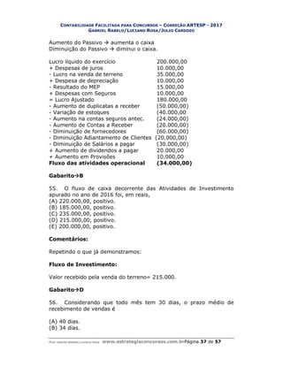 CONTABILIDADE FACILITADA PARA CONCURSOS – CORREÇÃO ARTESP - 2017
GABRIEL RABELO/LUCIANO ROSA/JULIO CARDOZO
Prof. Gabriel Rabelo/Luciano Rosa www.estrategiaconcursos.com.brPágina 37 de 57
Aumento do Passivo  aumenta o caixa
Diminuição do Passivo  diminui o caixa.
Lucro líquido do exercício 200.000,00
+ Despesas de juros 10.000,00
- Lucro na venda de terreno 35.000,00
+ Despesa de depreciação 10.000,00
- Resultado do MEP 15.000,00
+ Despesas com Seguros 10.000,00
= Lucro Ajustado 180.000,00
- Aumento de duplicatas a receber (50.000,00)
- Variação de estoques (40.000,00
- Aumento na contas seguros antec. (24.000,00)
- Aumento de Contas a Receber (20.000,00)
- Diminuição de fornecedores (60.000,00)
- Diminuição Adiantamento de Clientes (20.000,00)
- Diminuição de Salários a pagar (30.000,00)
+ Aumento de dividendos a pagar 20.000,00
+ Aumento em Provisões 10.000,00
Fluxo das atividades operacional (34.000,00)
GabaritoB
55. O fluxo de caixa decorrente das Atividades de Investimento
apurado no ano de 2016 foi, em reais,
(A) 220.000,00, positivo.
(B) 185.000,00, positivo.
(C) 235.000,00, positivo.
(D) 215.000,00, positivo.
(E) 200.000,00, positivo.
Comentários:
Repetindo o que já demonstramos:
Fluxo de Investimento:
Valor recebido pela venda do terreno= 215.000.
GabaritoD
56. Considerando que todo mês tem 30 dias, o prazo médio de
recebimento de vendas é
(A) 40 dias.
(B) 34 dias.
 
