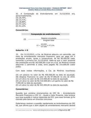 CONTABILIDADE FACILITADA PARA CONCURSOS – CORREÇÃO ARTESP - 2017
GABRIEL RABELO/LUCIANO ROSA/JULIO CARDOZO
Prof. Gabriel Rabelo/Luciano Rosa www.estrategiaconcursos.com.brPágina 4 de 57
32. A Composição do Endividamento em 31/12/2016 era,
aproximadamente,
(A) 29,74%.
(B) 33,71%.
(C) 28,88%.
(D) 97,12%.
(E) 41,12%
Comentários:
Composição do endividamento
CE
Passivo circulante
Exigível total
=
424.800
437.400
≅ 97,12%
Gabarito  D
33. Em 31/12/2015, a Cia. de Minérios adquiriu um caminhão, por
meio de arrendamento mercantil financeiro, para ser pago em 5
prestações anuais, iguais e consecutivas, de R$ 80.000,00 cada,
vencendo a primeira em 31/12/2016. Sabe-se que o valor presente
das prestações era R$ 303.000,00 e que se a Cia. de Minérios tivesse
adquirido o caminhão à vista, teria pagado R$ 310.000,00 (valor
justo).
Com base nestas informações, a Cia. de Minérios reconheceu
(A) um passivo no valor de R$ 400.000,00 na data da aquisição.
(B) despesa financeira no valor de R$ 97.000,00 no ano de 2016.
(C) um ativo no valor de R$ 310.000,00 na data da aquisição.
(D) um ativo no valor de R$ 310.000,00 e um ganho no valor de R$
7.000,00 na data da aquisição.
(E) um ativo no valor de R$ 303.000,00 na data da aquisição.
Comentários:
Questão que combina ensinamentos do CPC 06 – Arrendamento
Mercantil Financeiro e CPC 12 – Ajuste a Valor Presente. Vale lembrar
que essa questão é marca registrada da FCC, pois esse formato já foi
cobrado pela banca em diversos concursos.
Poderíamos resolver a questão rapidamente se lembrássemos do CPC
06, que afirma que o bem objeto de arrendamento mercantil deverá
 