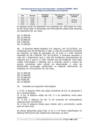 CONTABILIDADE FACILITADA PARA
GABRIEL RABELO
Prof. Gabriel Rabelo/Luciano Rosa www.estrategiaconcursos.com.br
O estoque inicial de dezembro era composto por 300 peças ao valor
de R$ 10,00 cada. O Resultado com Mercadorias obtido pela empresa
em dezembro foi, em reais,
(A) 11.900,00.
(B) 12.600,00.
(C) 20.800,00.
(D) 7.400,00.
(E) 13.400,00.
40. A empresa Metais Pesados S.A. adquiriu, em 31/12/2014, um
imobilizado por R$ 50.000,00, à vista. A vida útil econômica estimada
da máquina, na data de aquisição, foi 10 anos e o valor residual
estimado foi R$ 5.000,00. Em 31/12/2015, a empresa reavaliou a
vida útil e determinou que a vida útil econômica remanescente da
máquina era 5 anos e o valor residual era R$ 8.000,00. Com base
nestas informações e sabendo que a empresa utiliza o critério de
quotas constantes para cálculo da depreciação, o valor da
depreciação acumulada evidenciado no Balanço Patrimonial da
empresa, em 31/12/2016, foi, em reais,
(A) 11.000,00.
(B) 12.000,00.
(C) 16.800,00.
(D) 9.000,00.
(E) 14.000,00
41. Considere as seguintes informações:
I. A Cia. A adquiriu 60% das ações ordinárias da
ter o controle desta.
II. A Cia. B adquiriu ações da Cia. C e as classificou como para
negociação.
III. A Cia. C adquiriu da Cia. D um conjunto de computadores
especiais para revendê-
IV. A Cia. D adquiriu títulos para manter até o v
este em dois anos.
Os ativos adquiridos pelas Cias. A, B, C e D foram classificados no
Balanço Patrimonial das respectivas empresas, no ativo
ACILITADA PARA CONCURSOS – CORREÇÃO ARTESP - 2017
ABELO/LUCIANO ROSA/JULIO CARDOZO
www.estrategiaconcursos.com.brPágina 48 de
O estoque inicial de dezembro era composto por 300 peças ao valor
de R$ 10,00 cada. O Resultado com Mercadorias obtido pela empresa
em dezembro foi, em reais,
A empresa Metais Pesados S.A. adquiriu, em 31/12/2014, um
imobilizado por R$ 50.000,00, à vista. A vida útil econômica estimada
da máquina, na data de aquisição, foi 10 anos e o valor residual
estimado foi R$ 5.000,00. Em 31/12/2015, a empresa reavaliou a
vida útil e determinou que a vida útil econômica remanescente da
máquina era 5 anos e o valor residual era R$ 8.000,00. Com base
nestas informações e sabendo que a empresa utiliza o critério de
quotas constantes para cálculo da depreciação, o valor da
eciação acumulada evidenciado no Balanço Patrimonial da
empresa, em 31/12/2016, foi, em reais,
Considere as seguintes informações:
I. A Cia. A adquiriu 60% das ações ordinárias da Cia. B, passando a
II. A Cia. B adquiriu ações da Cia. C e as classificou como para
III. A Cia. C adquiriu da Cia. D um conjunto de computadores
-los.
IV. A Cia. D adquiriu títulos para manter até o vencimento, sendo
Os ativos adquiridos pelas Cias. A, B, C e D foram classificados no
Balanço Patrimonial das respectivas empresas, no ativo
2017
de 57
O estoque inicial de dezembro era composto por 300 peças ao valor
de R$ 10,00 cada. O Resultado com Mercadorias obtido pela empresa
A empresa Metais Pesados S.A. adquiriu, em 31/12/2014, um
imobilizado por R$ 50.000,00, à vista. A vida útil econômica estimada
da máquina, na data de aquisição, foi 10 anos e o valor residual
estimado foi R$ 5.000,00. Em 31/12/2015, a empresa reavaliou a
vida útil e determinou que a vida útil econômica remanescente da
máquina era 5 anos e o valor residual era R$ 8.000,00. Com base
nestas informações e sabendo que a empresa utiliza o critério de
quotas constantes para cálculo da depreciação, o valor da
eciação acumulada evidenciado no Balanço Patrimonial da
Cia. B, passando a
II. A Cia. B adquiriu ações da Cia. C e as classificou como para
III. A Cia. C adquiriu da Cia. D um conjunto de computadores
encimento, sendo
Os ativos adquiridos pelas Cias. A, B, C e D foram classificados no
 